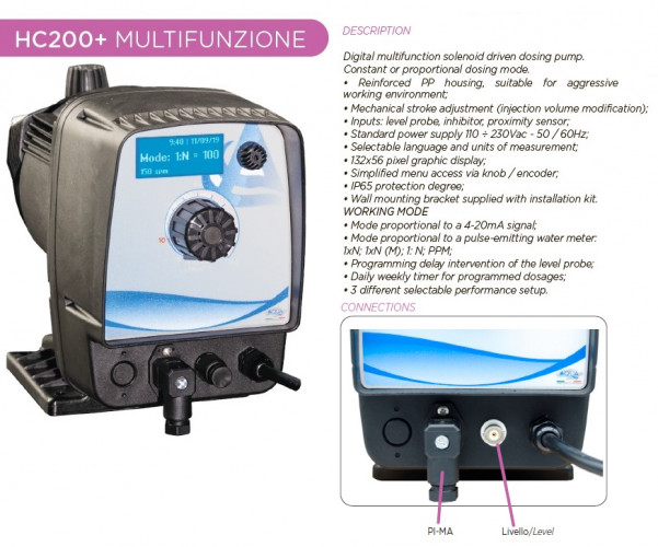 Насос дозатор PDE HC200+ MULTIFUNCTION M70 240V PVDF-CE-VT+SP. SCHUKO, 1,8-14 л/час, 20-1 бар