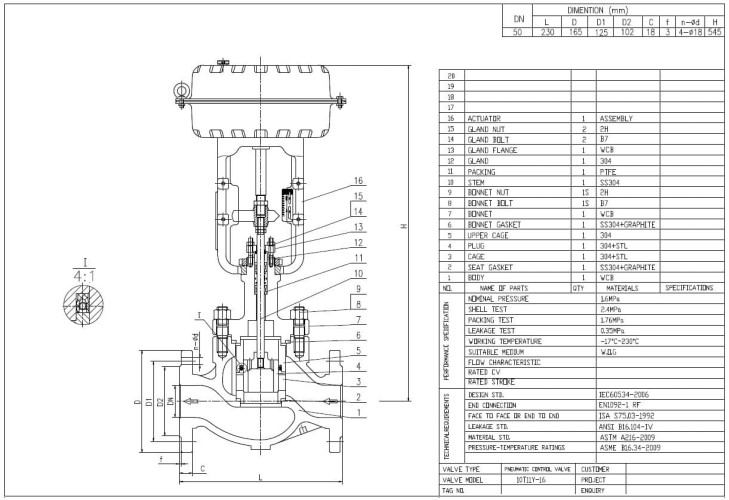 DN50 Pneumatycznie uruchamiany zawór szlamowy odmulania kotła 10T11Y-DNx5016Z-L112C-C (korpus WCB, gniazdo SS304) z pozycjonerem YT-1000, wejście 4-20mA