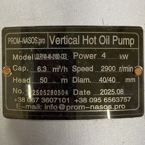 Вертикальний насос термомасла 350 градусів Цельсія LQLRY40-40-210/2-CEX, 6,3 м3/год, 50 м, 4 кВт, 2900 об/хв, Ex