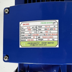 Насос для бражки, сусла BK300, 2,2kW, AISI304, 380V/50Hz, 2900 с открытым рабочим колесом