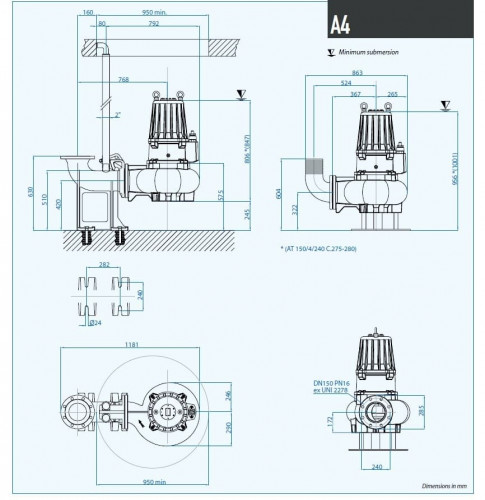 Погружной насос взрывозащищенный AT-EX 150/4/240 C.275 Dreno Pompe с режущим открытым рабочим колесом
