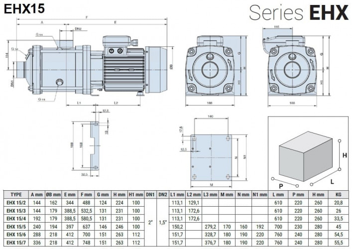 Horizontal multistage pressure boosting pump EHX 15/3, 2.2 kW, 25 m3/h, 44m, 380V/T, AISI 304 (EBARA MATRIX)