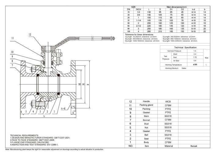 PN16 DN100 Stainless steel ball valve AISI 316, seat PTFE