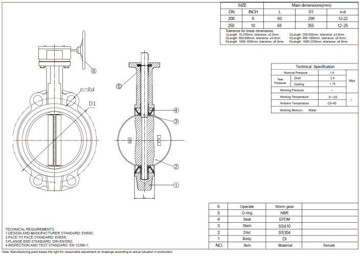 PN16 DN250 Засувка Батерфляй, чавунний корпус, диск AISI 304, Seat EPDM