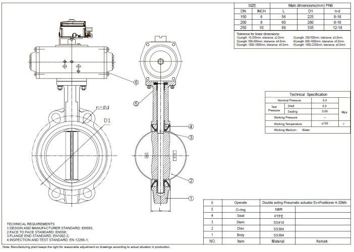 PN6 DN200 Засувка Батерфляй, корпус і диск AISI 304, PTFE з пневмоприводом Ex подвійної дії, позиціонер 4-20MA