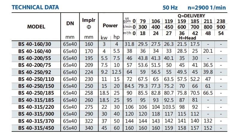 Bomba de riego en voladizo BSM 40-315/220 (27/103,5), 22kW, 2900