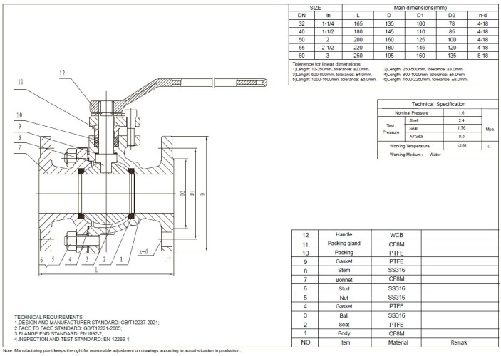 PN16 DN65 Robinet à bille en acier inoxydable AISI 316, Siège:PTFE