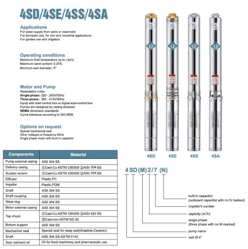 Глубинный скважинный насос 4SS4/10, Outlet: 1 1/4 дюйма, 0,75kW, 380V