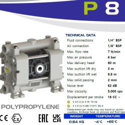 Pneumatyczna pompa membranowa FLUIMAC PHOENIX P08 PP NBR+PTFE, 7 l/min do pompowania lepkich cieczy