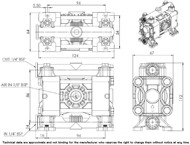 Pneumatyczna pompa membranowa FLUIMAC PHOENIX P08 PP NBR+PTFE, 7 l/min do pompowania lepkich cieczy