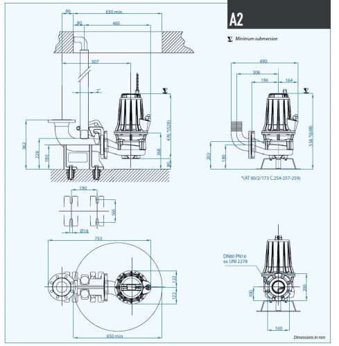 Tauchmotorpumpe Dreno AT 80/2/152 C.246 mit offenem Einkanal-Laufrad