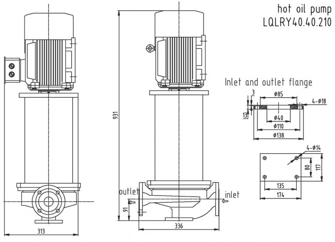 Вертикальний насос для перекачування гарячого масла LQLRY40-40-210/2-C, 6,3 м3/год, 50 м, 4 кВт, 2900 об/хв
