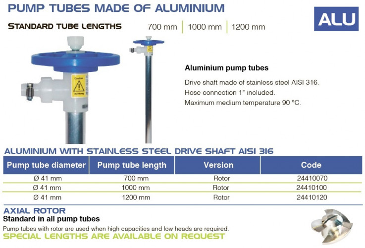 Pieza de bombeo (tubo) de la bomba para barril FLUIMAC NETTUNE de ALU (eje AISI 316), 700 mm, Ø41 mm