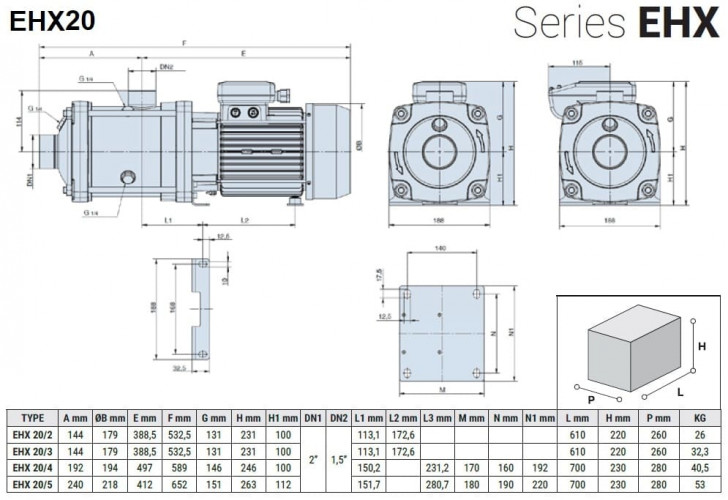 Horizontale mehrstufige Pumpe EHX 20/3, 3 kW, 30 m3/h, 47 m, 380 V/T, AISI 304 (EBARA MATRIX)