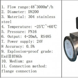 DN200 Caudalímetro ultrasónico de gas PN16 (gas), 48~3000 m3/h, AISI 304, 4-20mA, RS485, ExdⅡ BT6Gb, conexión de brida