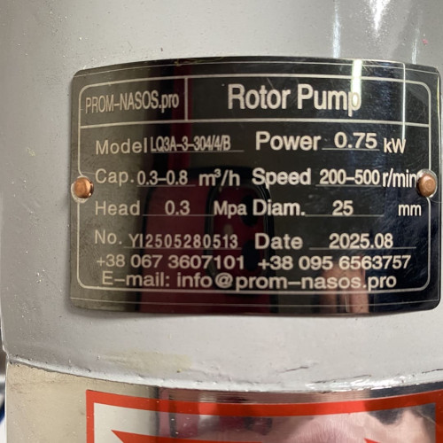 Bomba de levas para tomates y kétchup LQ3A-3-304/4/B, 0,3-0,8 m3/h, 0,3 MPa, 0,75 kW, 200-500 rpm, AISI 304 sin motor, conexión por abrazadera