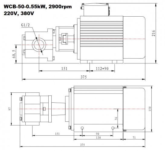 Pompe à engrenages en acier inoxydable pour le pompage de liquides chimiques WCB-50/380V 50Hz, 50 l/min, 30 m, AISI 304, 0,55 kW, 2900 tr/min, Ex