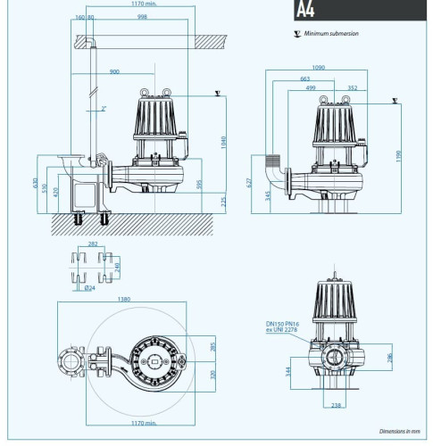 Погружной насос Dreno навозохранилищ AT 150/4/340 C.295 с режущим открытым рабочим колесом
