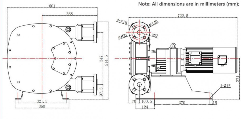 Industrial hose pump JXHIN-32-CI+Titanium-NBR-P, 1.65 m3/h, 1,5 kW, 16 bar, 380V