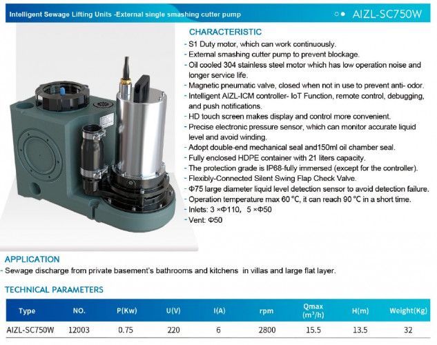 Urządzenie do podnoszenia ścieków z rozdrabniaczem i panelem sterowania AIZL-SC750W, 15,5/13,5, 0,75 kW, 220 V, 2800 obr./min