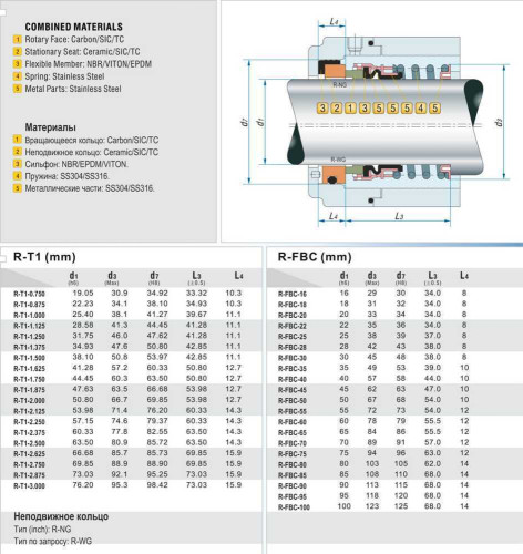 Sello de eje ordinario R-FBC 55, SIC/SIC, VITON, 304, NG
