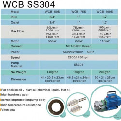 Stainless steel gear pump for pumping viscous liquids WCB-50/220V 50Hz, 25 l/min, 30 m, AISI 304, 0.55 kW, 1400 rpm, Ex