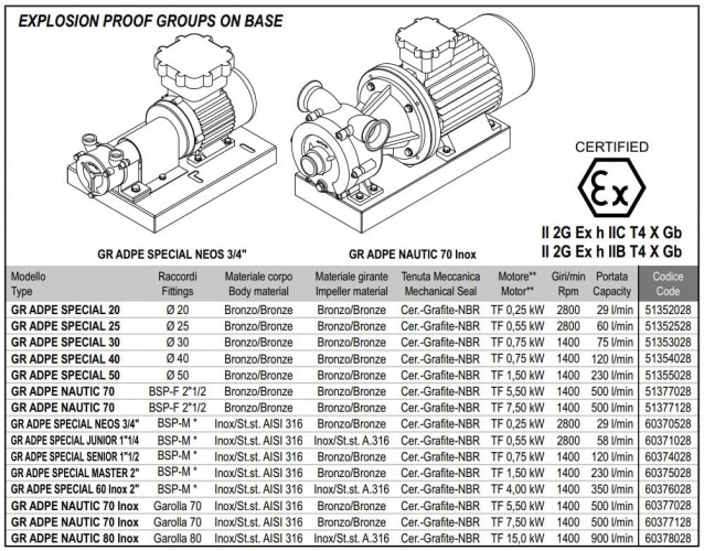 Vortexpumpe für Säuren LIVERANI GR ADPE SPECIAL SENIOR 1 1/2, 120 l/min, TF 0,75 kW, 1400 U/min, 380 V, Ex, AISI 316