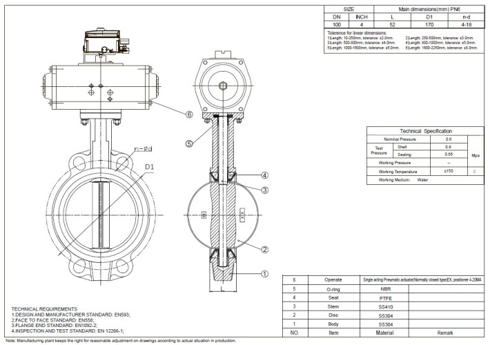 PN6 DN100 Засувка Батерфляй, корпус і диск AISI 304, PTFE з пневмоприводом Ex одинарної дії (з пружиною), позиціонер 4-20MA