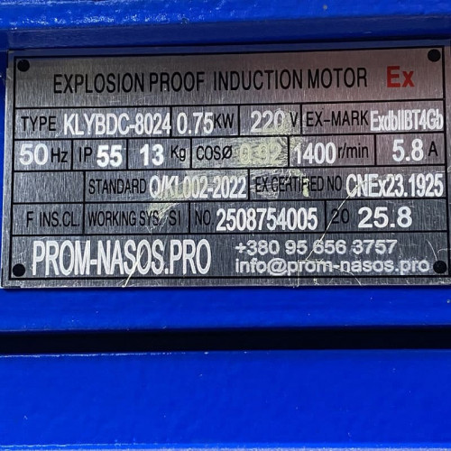 Pompe à engrenages en acier inoxydable pour le pompage de liquides visqueux WCB-75/220V 50Hz, 37,5 l/min, 30 m, AISI 304, 0,75 kW, 1400 tr/min, Ex