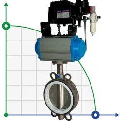 PN6 DN150 Wafer butterfly valve, body and disc AISI 304, PTFE, Double acting Pneumatic actuator Ex+positioner 4-20MA