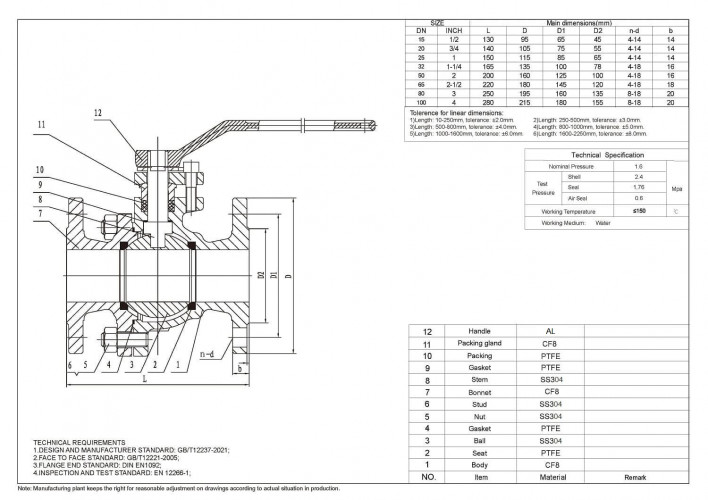 PN16 DN20 Stainless steel ball valve AISI 304, Seat PTFE