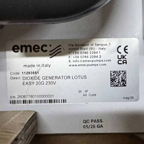 Генератор диоксида хлора EMEC LOTUS EASY 20 г/ч, система, производящая, дозирующая и контролирующая диоксид хлора для дезинфекции воды