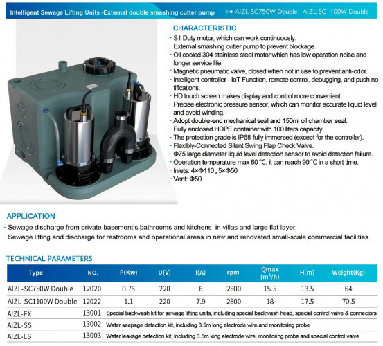 KNS z rozdrabniaczem do odpadów z dwiema pompami i panelem sterowania AIZL-SC1100W Podwójny, 18/17,5, 1,1 kW, 220V, 2800 obr./min