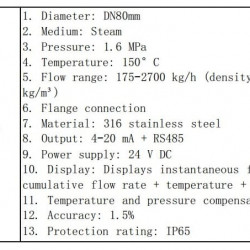DN80 Medidor de caudal vorticial de acero inoxidable AISI 316 KLUGB/PN16 brida, para vapor 175-2700 kg/h (densidad 2,7 kg/m3) 1,6 MPa, 150°C, 4-20 mA+RS485