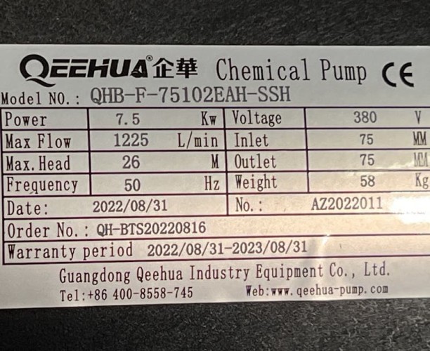 Pompe chimique pour nitrate de sodium QHB-750102 PVDF, 1300L/min, 26,5m, 380V, centrifuge auto-amorçante