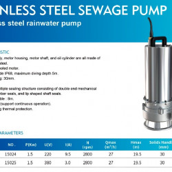 Pompe à eaux usées en acier inoxydable AIZL-S150, 27/19,5, 1,5 kW, 220 V, 2 800 tr/min