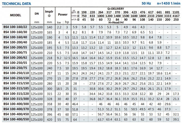 Bomba voladiza para suministro de agua BS4 100-315/220 (150/29), 22kW, 1450 sin motor