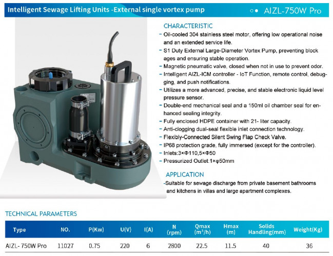 Urządzenie do podnoszenia ścieków ze zdalnym sterowaniem AIZL-750W Pro, 22,5/11,5, 0,75 kW, 220 V, 2800 obr./min