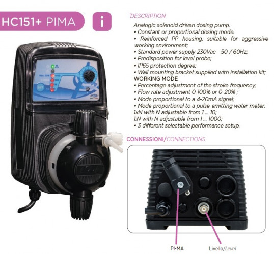 Bomba dosificadora electromagnética PDE HC151+ PI-MA M60 240V PP-GL-VT, 1-10 l/h, 7-1 bar