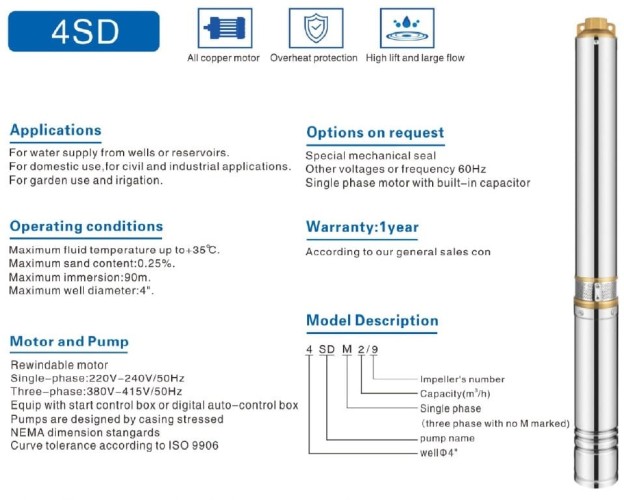 Pompe pour puits profond 4SDM6/23, 2.2kW, 220V