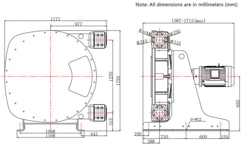 Industrial hose pump JXHIN-125-CI+Titanium-CSM-P, 66 m3/h, 22 kW, 16 bar, 380V