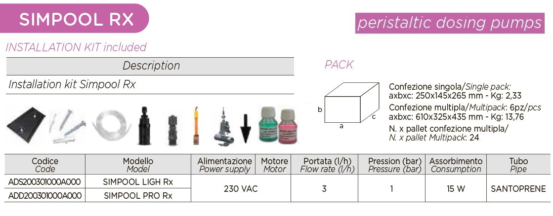 Перистальтический дозирующий насос AQUA PDP SIMPOOL LIGHT RX 03-01 - 230 V - SANTOPRENE - COMPLETE WHITE