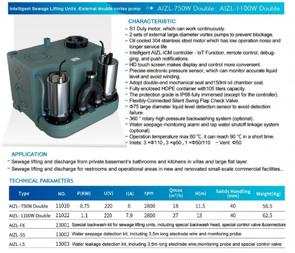 Podnośnik KNS solo do domków letniskowych, domów prywatnych z dwiema pompami i panelem sterowania AIZL-1100W Double, 27/13, 1,1 kW, 220V, 2800 obr./min