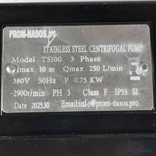 Pompa do mycia warzyw i owoców TS100, 0,75 kW, AISI 304, 380 V/50 Hz, 2900 obr./min z wirnikiem otwartym