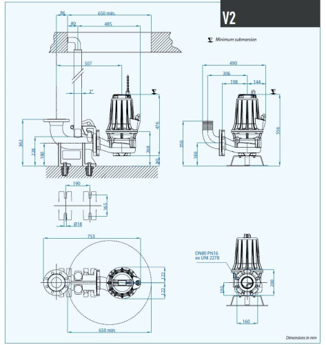 Bomba sumergible para aguas residuales Dreno VT 80/2/152 C.346 con rodete vortex