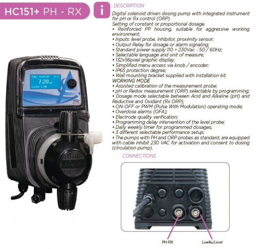 Bomba dosificadora para mantenimiento del nivel de pH PDE HC151+ PH-RX M60 240V PVDF-CE-VT, 1-10 l/h, 7-1 bar