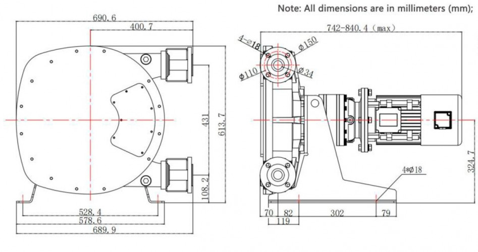 Industrial hose pump JXHIN-40-CI+Titanium-F-NR-P, 3.28 m3/h, 2,2 kW, 16 bar, 380V
