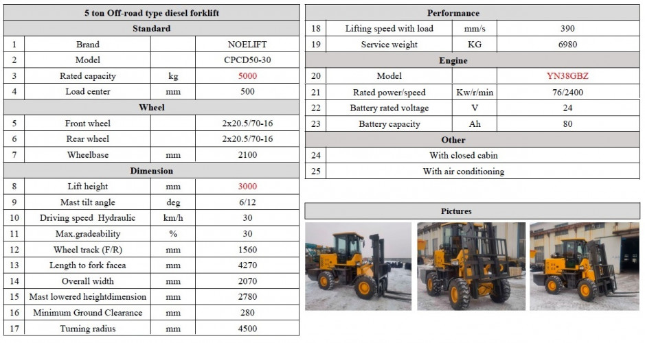 Chariot élévateur diesel tout-terrain CPCD50-30 d'une capacité de levage de 5 tonnes