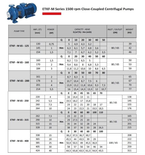 Bomba de agua monobloque ETKF-M 65-250, 7,5 kW, 1500