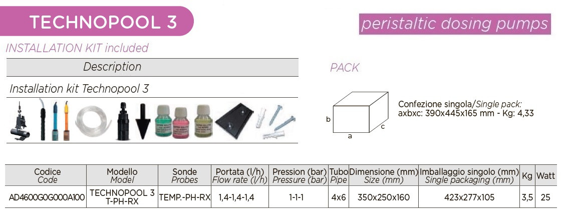 Dreifache Schlauchdosierpumpe AQUA PDP TECHNOPOOL 3 TT-PH-RX 1,4-1/1,4-1/1,4-1 SANT/SANT/SANT 230V SCHWARZ